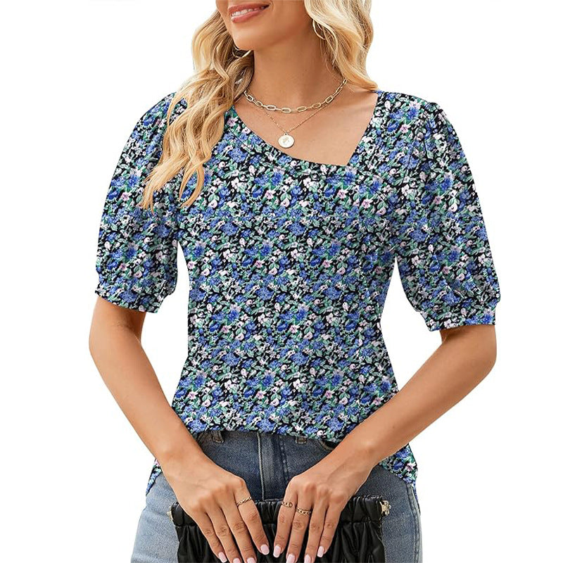 Women's Short Sleeve Irregular Puff Sleeve Loose Floral T-shirt