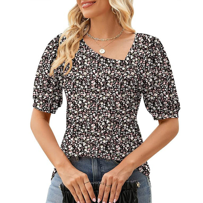 Women's Short Sleeve Irregular Puff Sleeve Loose Floral T-shirt
