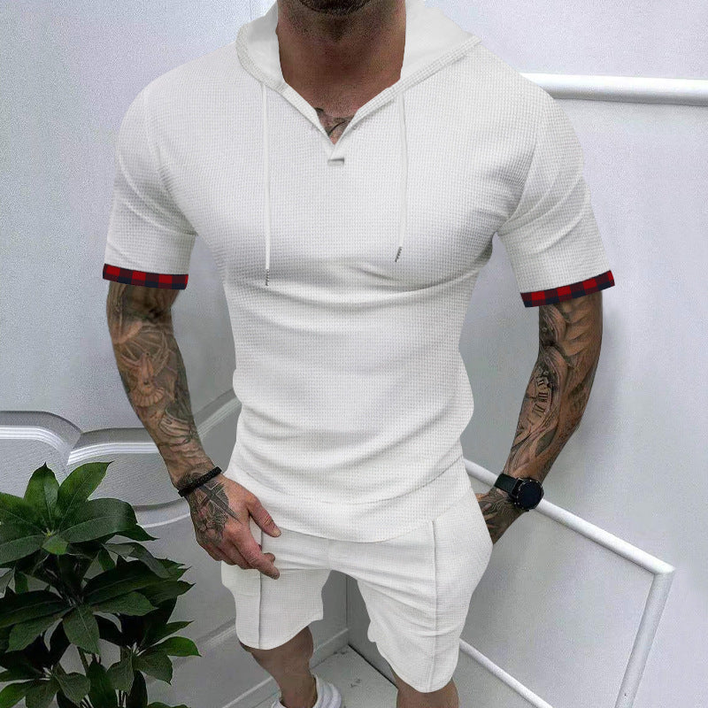 Waffle T-shirt Men's Sports Casual Short Sleeve Shorts Suit